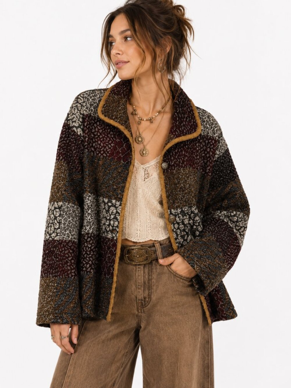 White Stag Tierra Jacket Women's XL Brown Patchwork Tapestry Lined Boho‎ 90s
